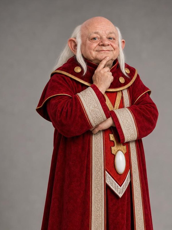 Mister Mago, mago baixinho de cabelos brancos com manto vermelho e dourado